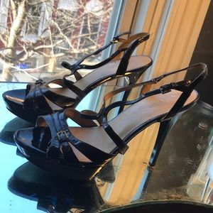 Nine West, black patent leather platform sandals